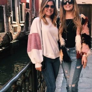 white and pink puffy sleeves zara sweater